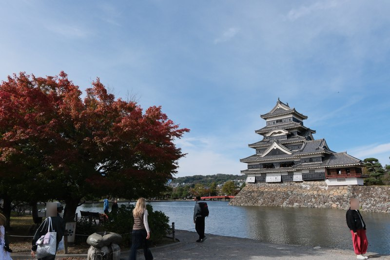 紅葉と堀を添えて眺める城。