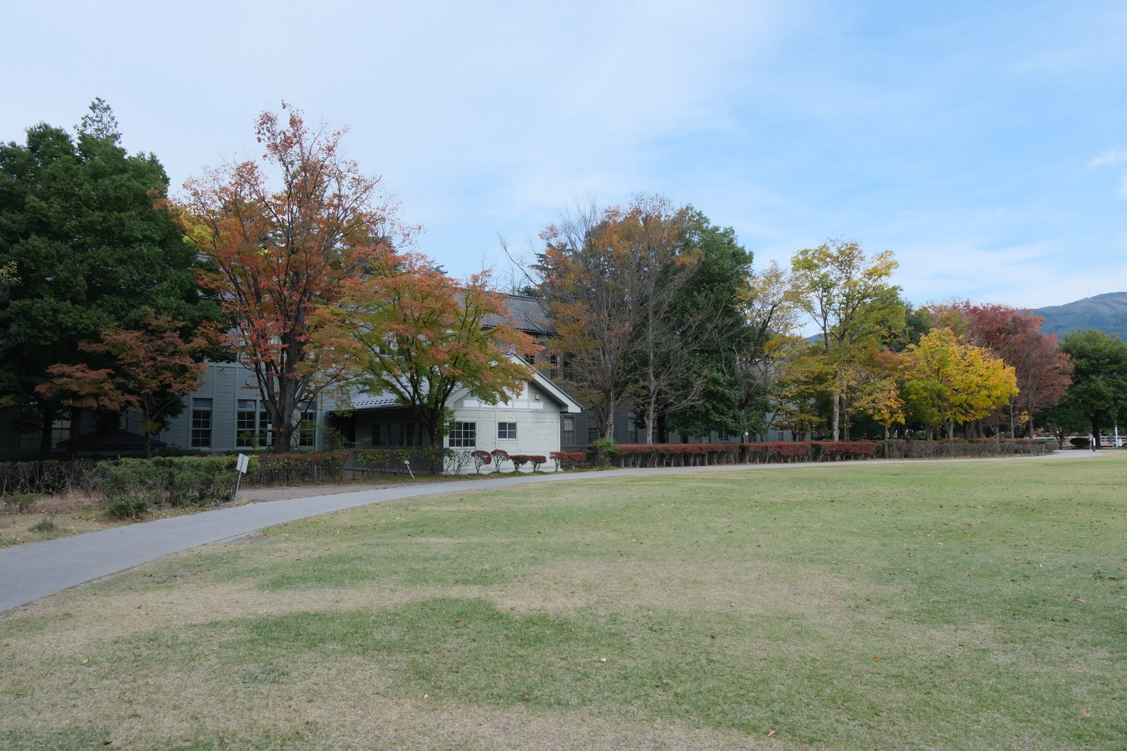 あがたの森公園の芝生と木々、奥に木造の建物。